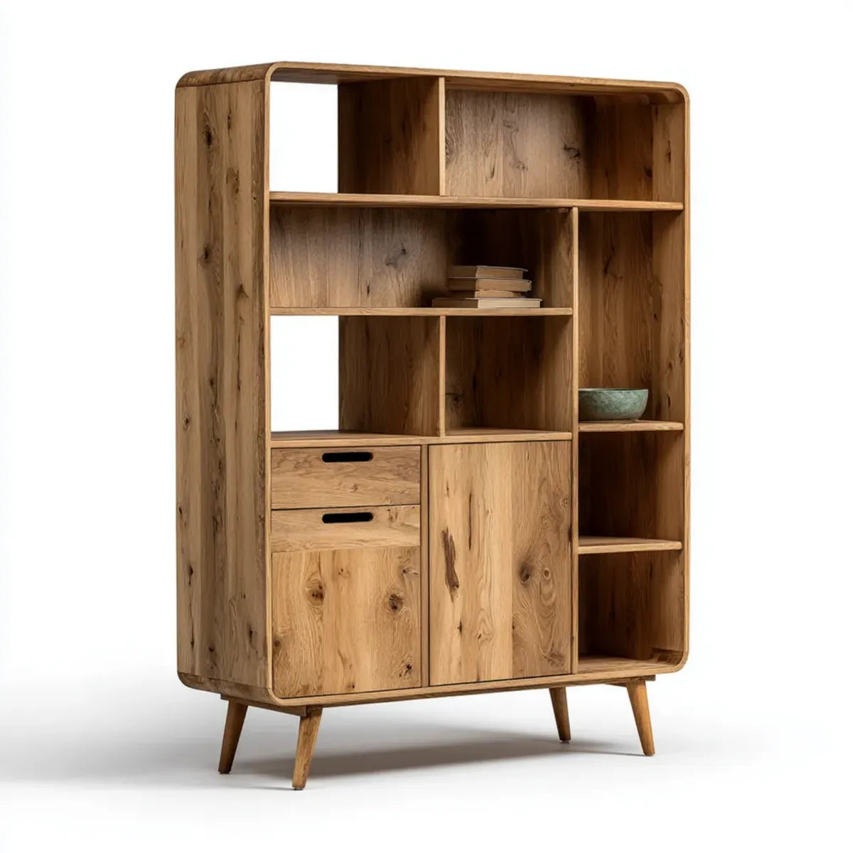 Regał, Naturalna biblioteka z dębu stałego 120 x 40 x 190 cm prostokątna z 2 szufladami i 2 drzwiami