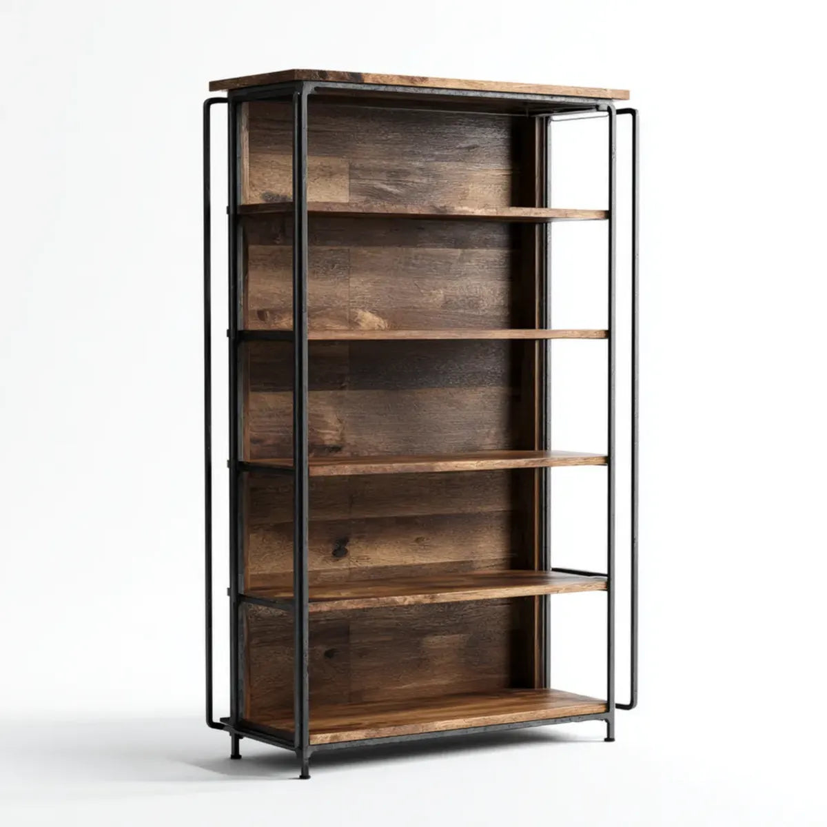 Regał, Brązowa i czarna biblioteka przemysłowa 100 x 35 x 180 cm w litym drewnie i prostokątnej stali 5 półek