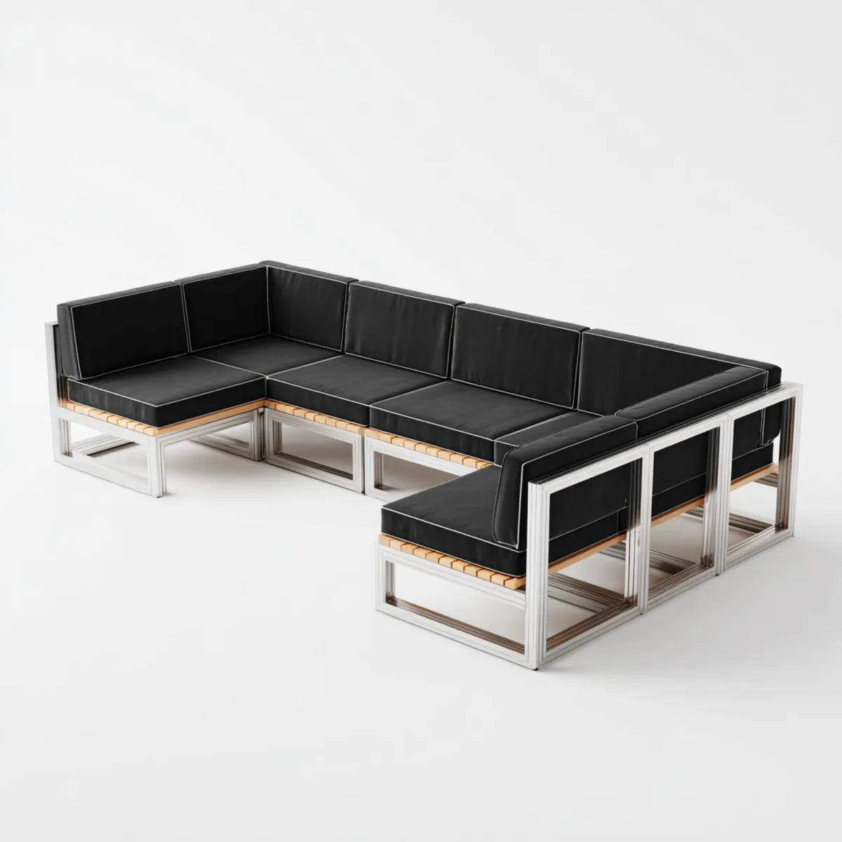 Sofa ogrodowa, Modułowa sofa tarasowa U- kształt czarny 320 x 240 x 70 cm stal nierdzewna PU sztuczna skóra 6-osobowa