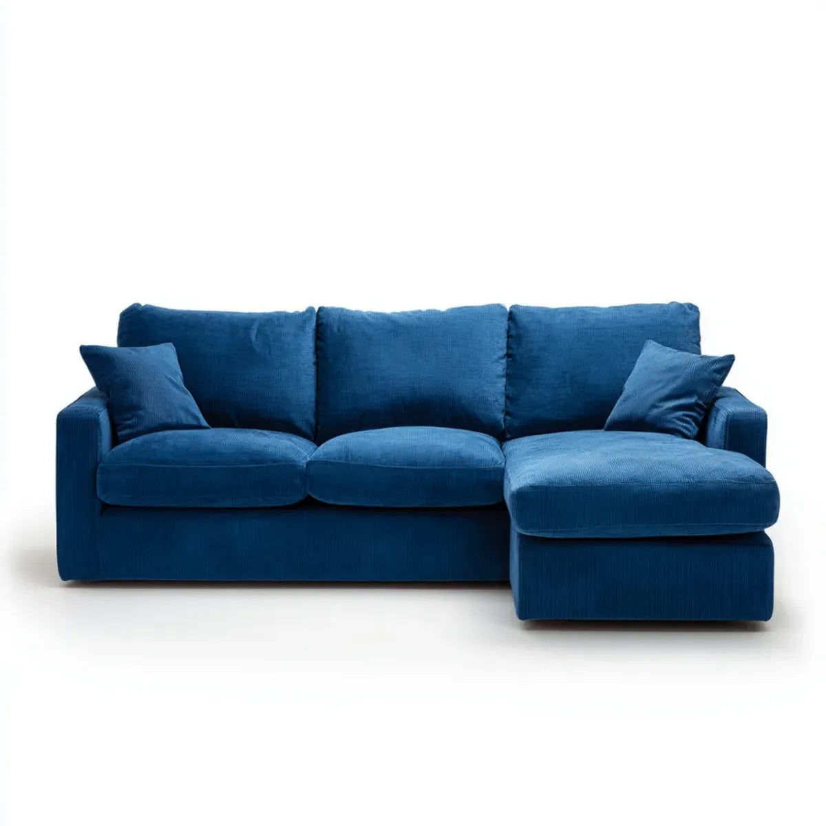 Sofa, Kanapa narożna 3 fotele z krzesełkiem z prawym niebieskim aksamitem na żeberka poliestrowe 250 x 160 x 88 cm