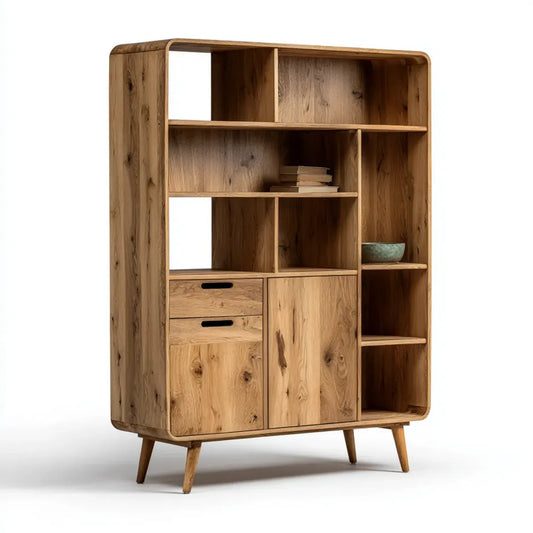 Regał, Naturalna biblioteka z dębu stałego 120 x 40 x 190 cm prostokątna z 2 szufladami i 2 drzwiami