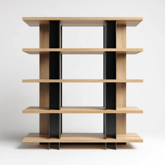 Regał, Otwarta biblioteka 5 półek lekki dąb i czarny 180 x 35 x 200 cm prostokątna sklejka