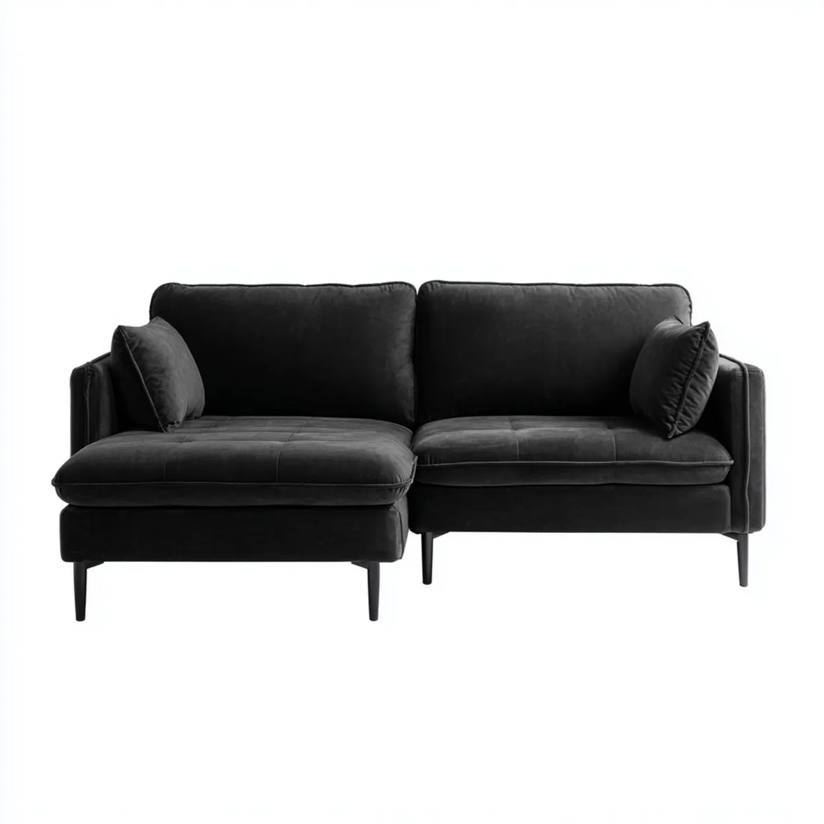 Sofa, Kanapa narożna 3 fotele z krzesełkiem z lewym czarnym poliestrowym aksamitem 250 x 160 x 85 cm