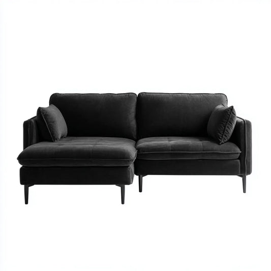 Sofa, Kanapa narożna 3 fotele z krzesełkiem z lewym czarnym poliestrowym aksamitem 250 x 160 x 85 cm