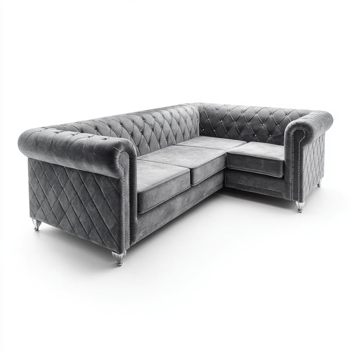 Sofa, narożnik Chesterfield 3 miejsca szare w aksamicie poliestrowym 250 x 180 x 78 cm