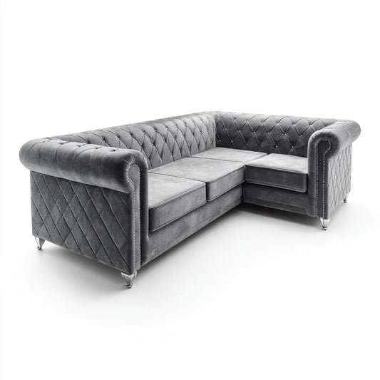 Sofa, narożnik Chesterfield 3 miejsca szare w aksamicie poliestrowym 250 x 180 x 78 cm
