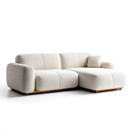Sofa, Kanapa narożna 3 miejsca z kości słoniowej w bukle poliestrowym do 260 x 160 x 75 cm