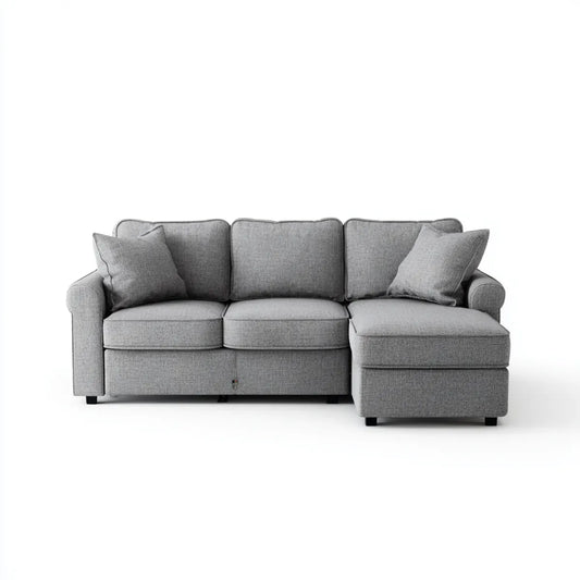 Sofa, Kanapa narożna 3 fotele w szarym poliestrze z krzesełkiem z prawej strony 230 x 150 x 85 cm