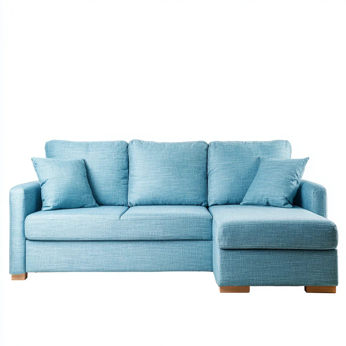 Sofa, Kanapa narożna 3 fotele z krzesełkiem z prawym, jasnoniebieskim poliestrem 230 x 150 x 85 cm