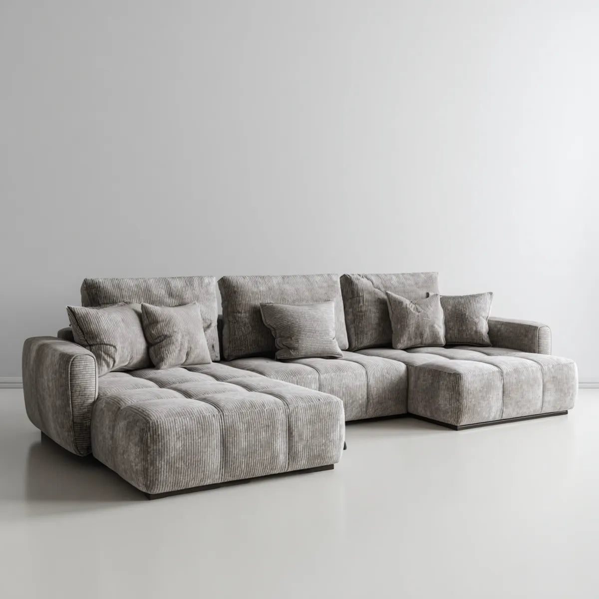Sofa, Modułowa szara, aksamitna kanapa narożna z poliestrem z żebrowaną taśmą 320 x 170 x 85 cm