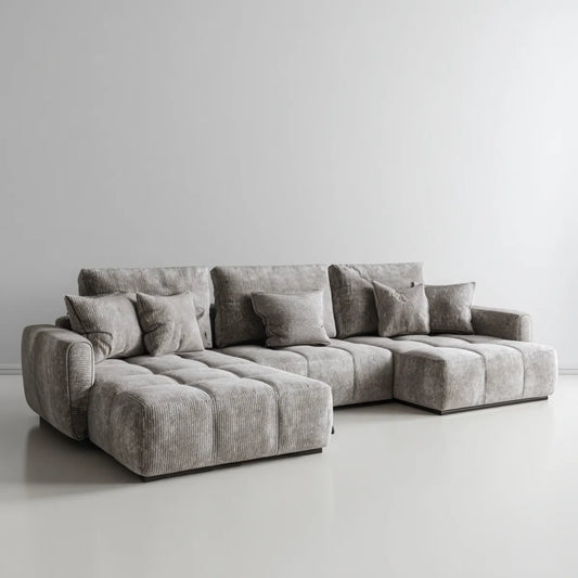 Sofa, Modułowa szara, aksamitna kanapa narożna z poliestrem z żebrowaną taśmą 320 x 170 x 85 cm