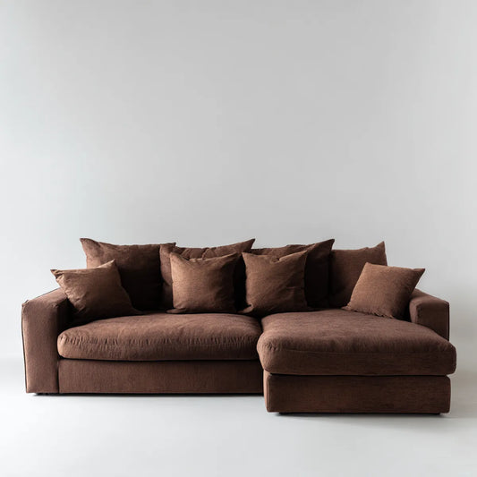 Sofa, Kanapa narożna z krzesełkiem z prawej brązowej poliestru 280 x 170 x 85 cm