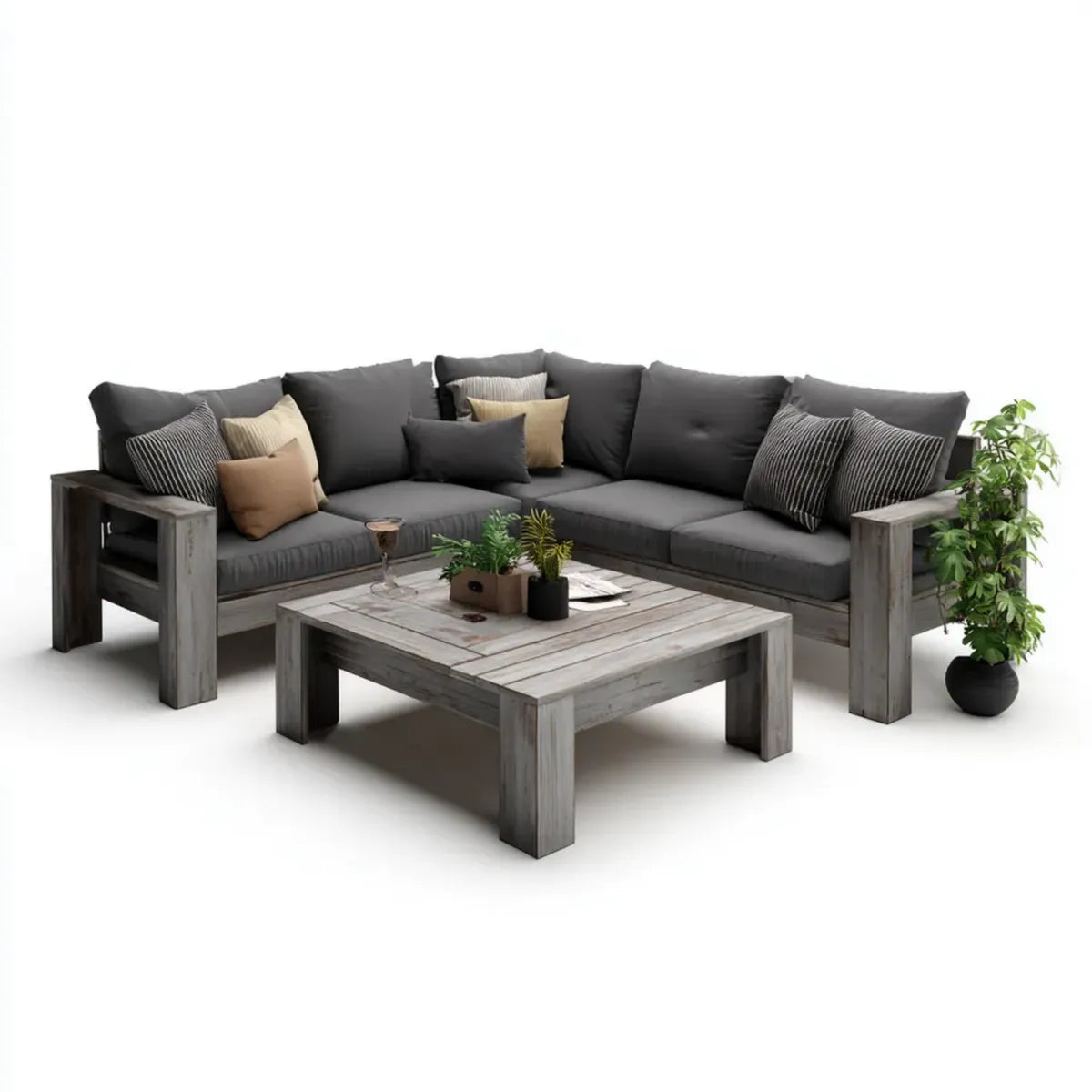 Sofa ogrodowa, Zestaw do barierki Taras Szara kształt 250 x 250 cm lite drewno akacjowe ze stołem kawowym 120 x 70 cm