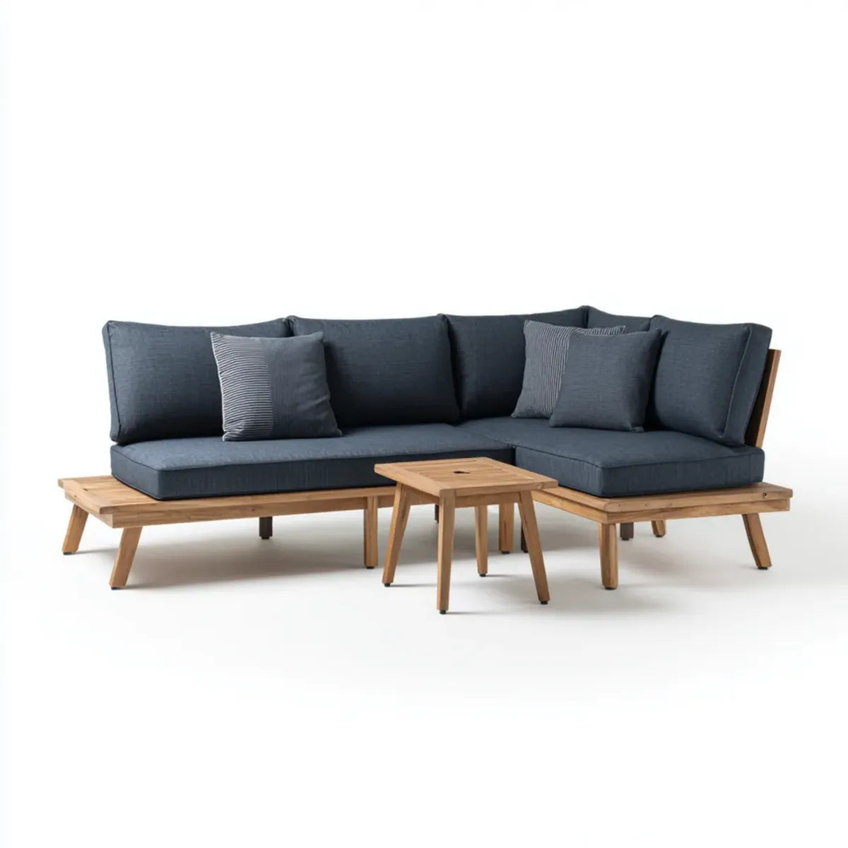 Sofa ogrodowa, Taras salon zestaw ciemnoniebieski z narożną sofą i stolik kawowy z litej akacji 250 x 180 x 75 cm kształt litery L