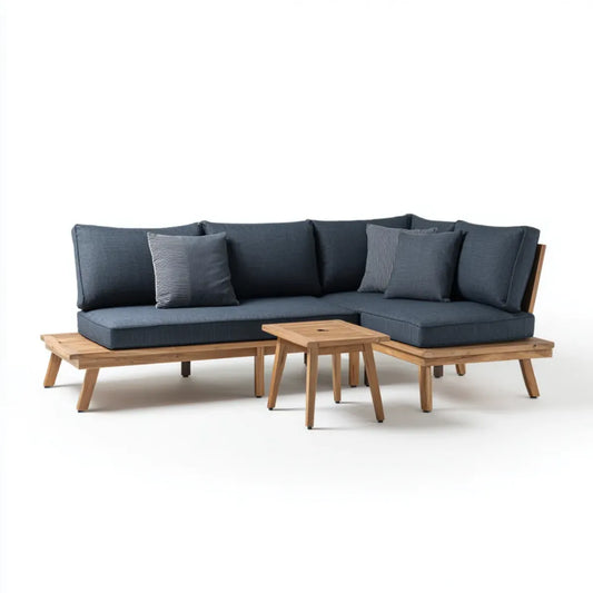 Sofa ogrodowa, Taras salon zestaw ciemnoniebieski z narożną sofą i stolik kawowy z litej akacji 250 x 180 x 75 cm kształt litery L