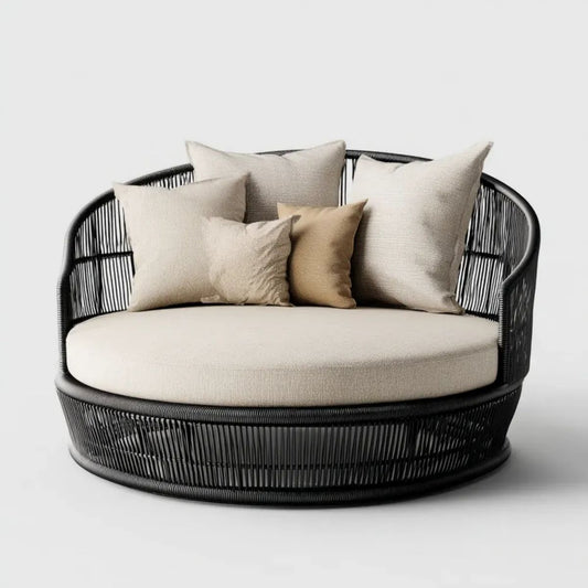 Leżak ogrodowy, Okrągłe ogrodowe sofa z czarnym aluminium i linem z beżowym i molem, 160 x 160 x 85 cm