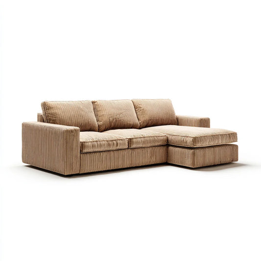 Sofa, Kanapa narożna 3 fotele z szewcem z prawej beżowej poliestru na żebrze 240 x 150 x 85 cm