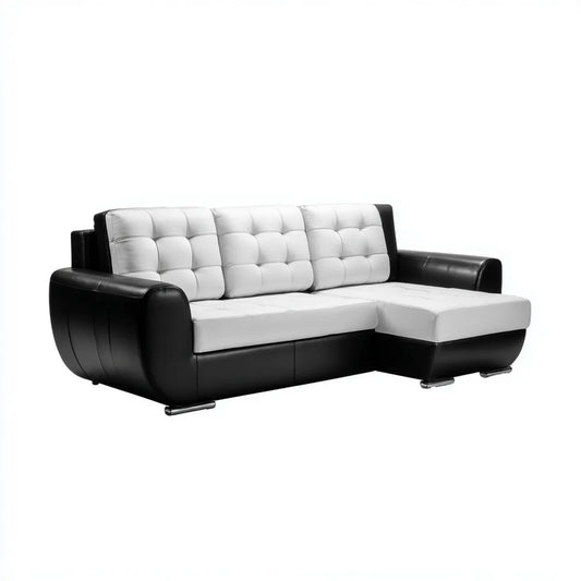 Sofa, Kanapa narożna z krzesełkiem na prawym czarnym i białym 260 x 160 cm w skórze PU z L