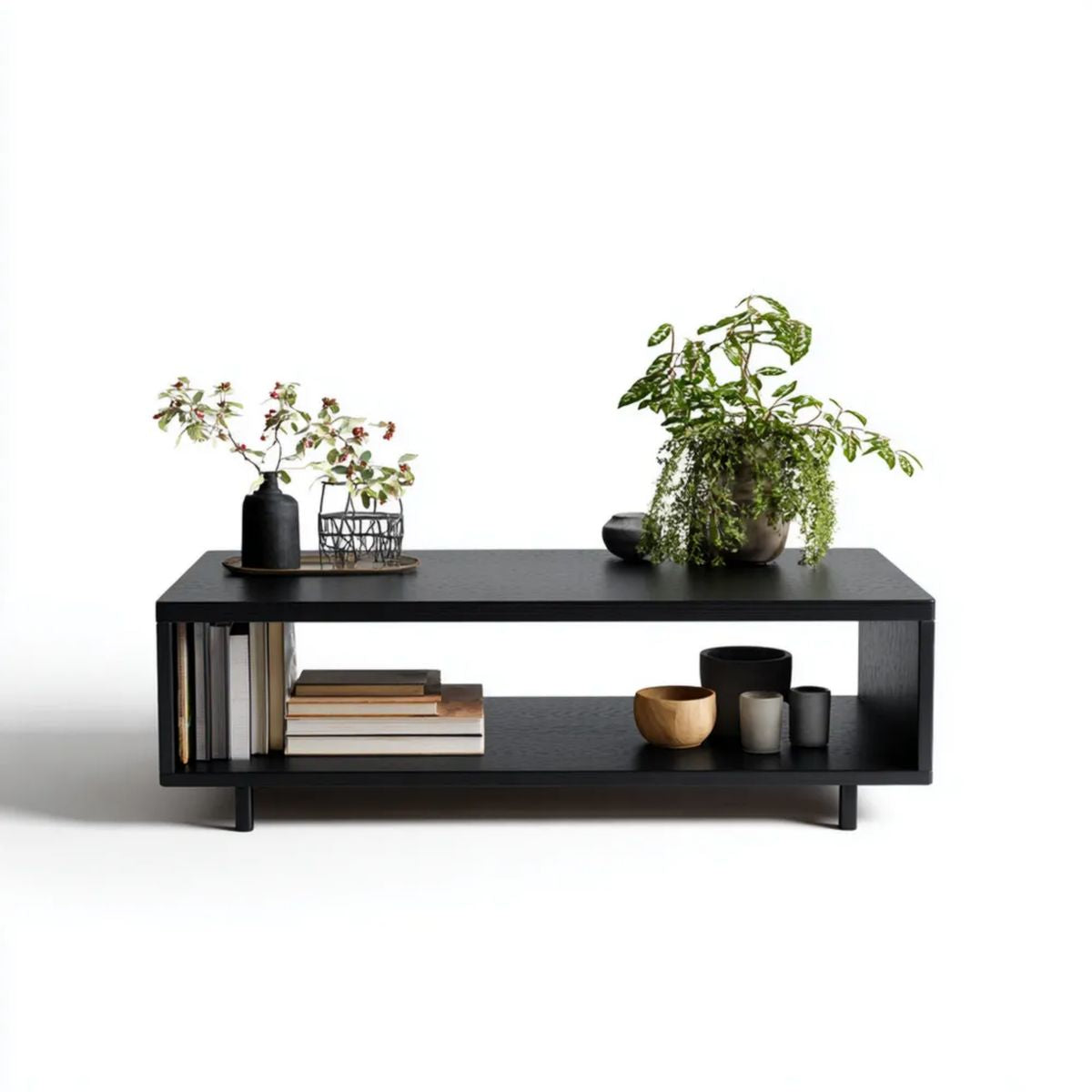 Stolik kawowy, Czarny prostokątny stół do kawy w płytach MDF 120 x 60 x 45 cm z półką do przechowywania