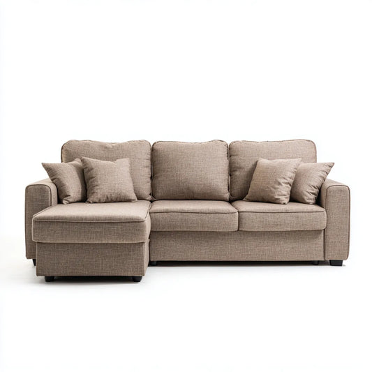 Sofa, Kanapa narożna 3 beżowe miejsca w poliestrze L z krzesełkiem z lewej strony 250 x 155 x 85 cm